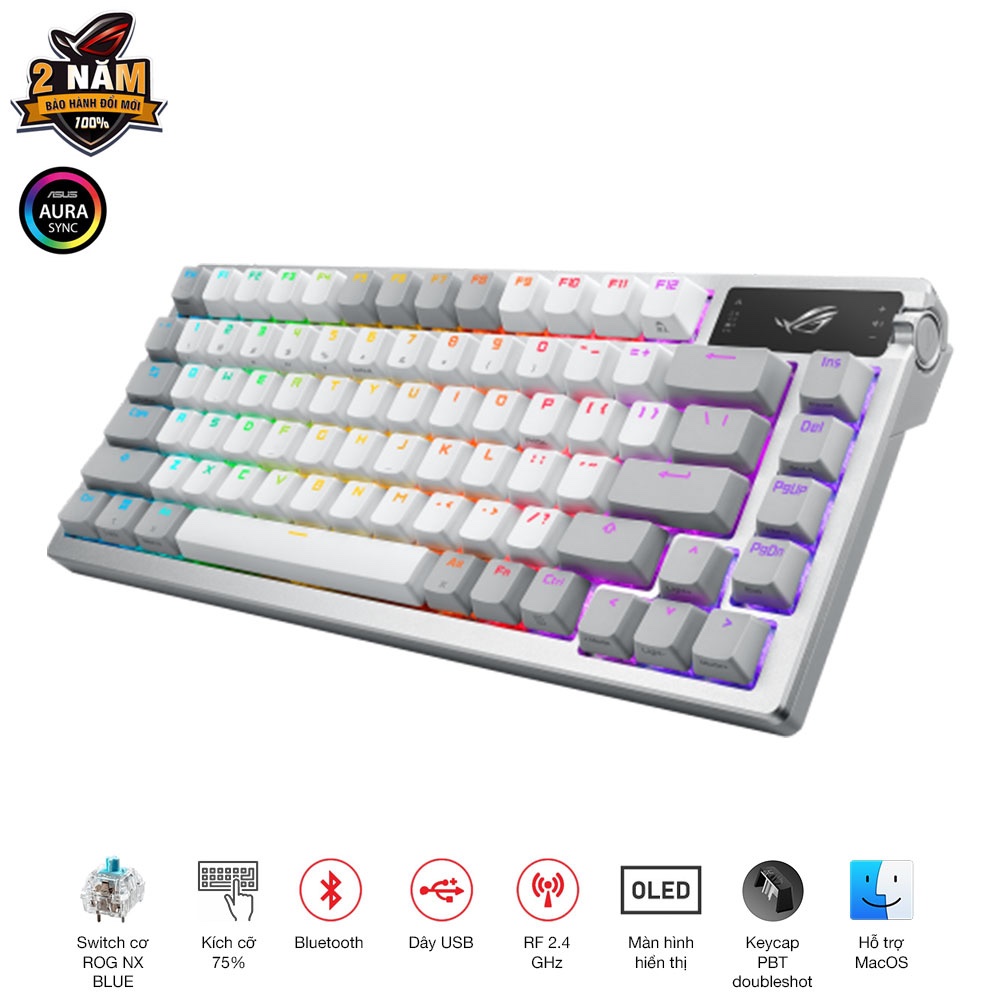 Bàn phím cơ custom không dây ASUS ROG AZOTH , kích thước 75%, ROG NX Switch, Màn hình OLED,Hot-Swap