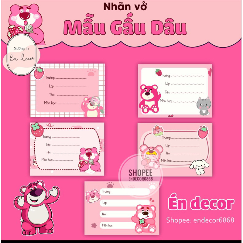 10 Nhãn vở gấu dâu siêu cute 1k/c