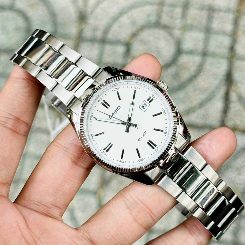 Đồng hồ kim nam nữ dây thép Casio MTP 1302D full silver