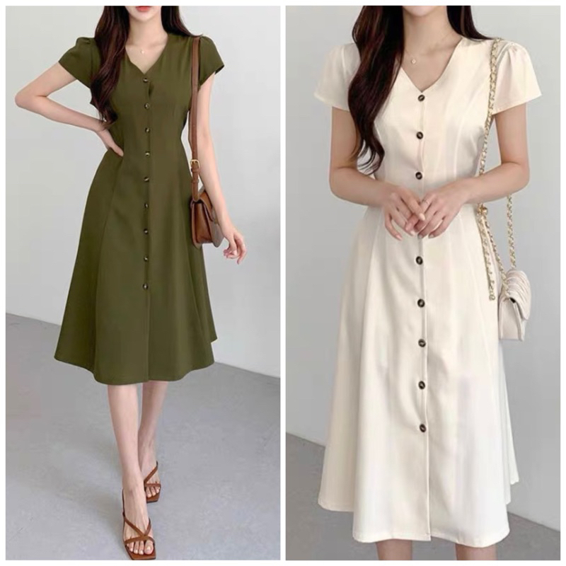Đầm váy freesize cổ V form dài thắt eo 2 màu