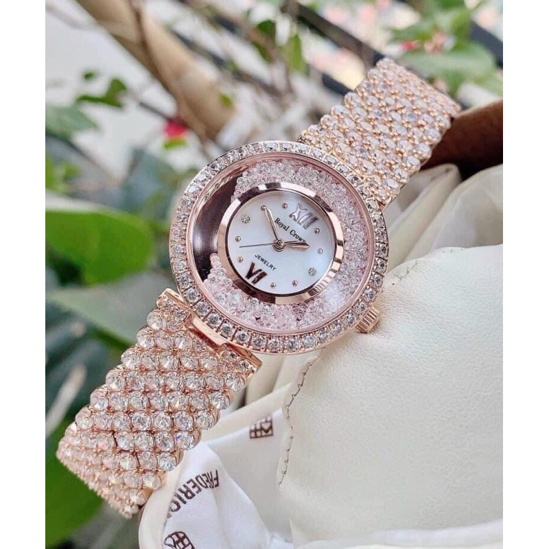 Đồng hồ nữ Royal Crown 2606 mặt tròn Đính đá dây kim loại chính hãng
