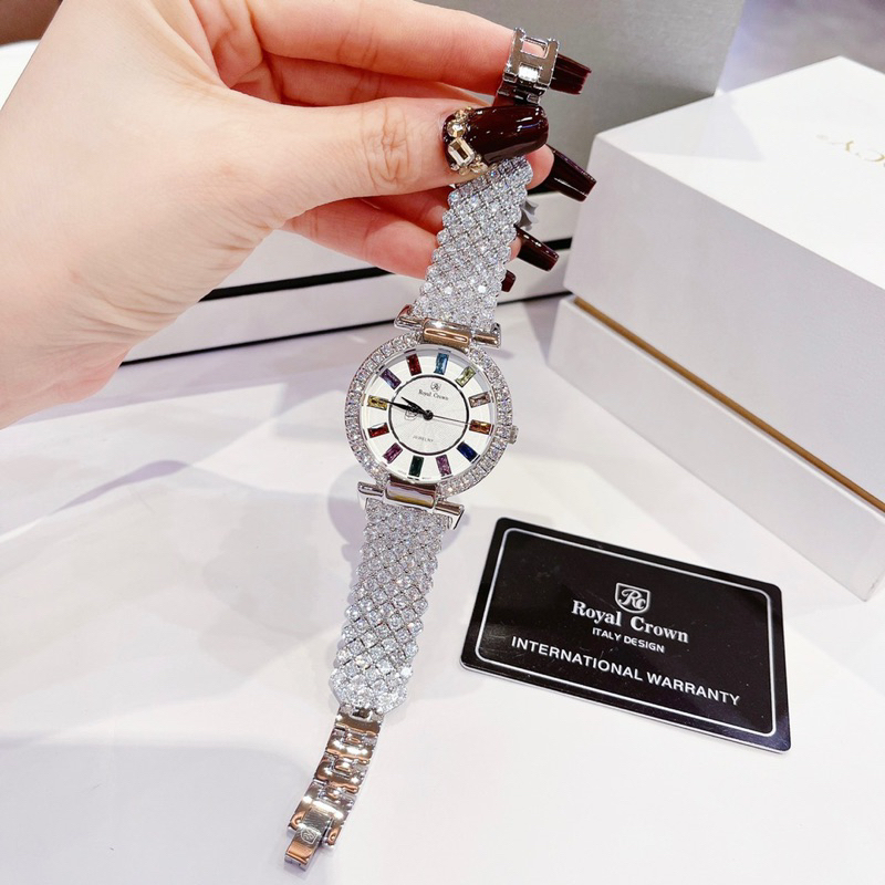 Đồng hồ nữ Royal Crown 4604 mặt tròn đính đá màu dây kim loại chính hãng