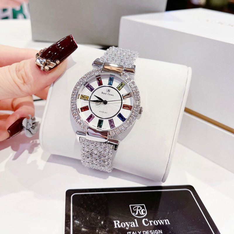 Đồng hồ nữ Royal Crown 4604 mặt tròn đính đá màu dây kim loại chính hãng
