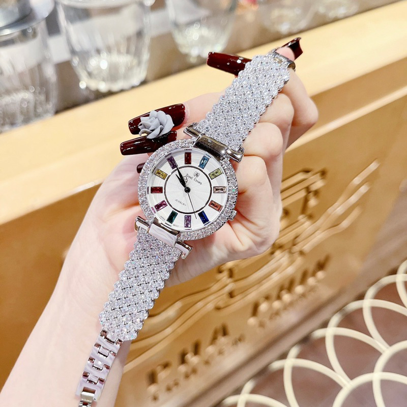 Đồng hồ nữ Royal Crown 4604 mặt tròn đính đá màu dây kim loại chính hãng
