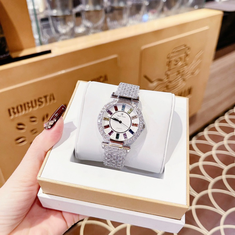 Đồng hồ nữ Royal Crown 4604 mặt tròn đính đá màu dây kim loại chính hãng