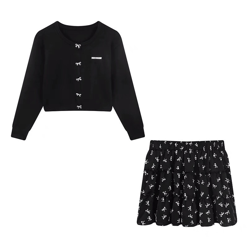 Áo Khoác Len Cardigan Mỏng Dệt Kim Tay Bồng Cúc Nơ Mix Chân Váy Hoa Nhí Vintage Thu Đông Chất Lượng Charmful_Closet