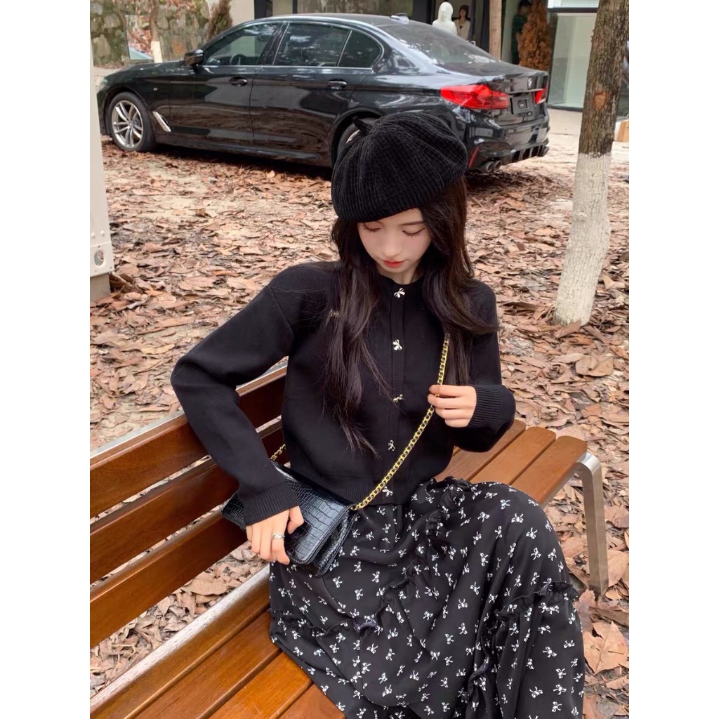 Áo Khoác Len Cardigan Mỏng Dệt Kim Tay Bồng Cúc Nơ Mix Chân Váy Hoa Nhí Vintage Thu Đông Chất Lượng Charmful_Closet