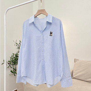 Áo Sơ Mi Nữ Kẻ Sọc Pastel Thêu Hình Couple Xinh Xắn Chất Liệu Cotton Đũi Mềm Nhẹ Mát, Sơ Mi Công Sở Nữ Freesize