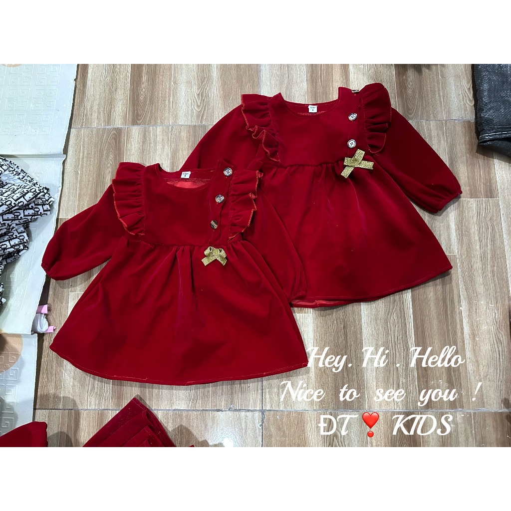 Váy bé gái - đầm babydoll nhung đỏ dáng ngắn đính nơ xinh 8-18kg