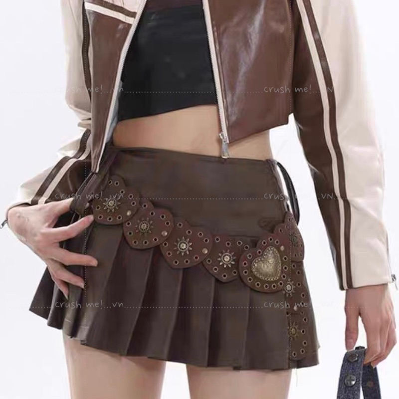 Crush me TL06 Thắt lưng da Pu trái tim nâu bò boho bohomian moroccan Âu mỹ thập niên 1980 Y2k Punk concho belt du mục