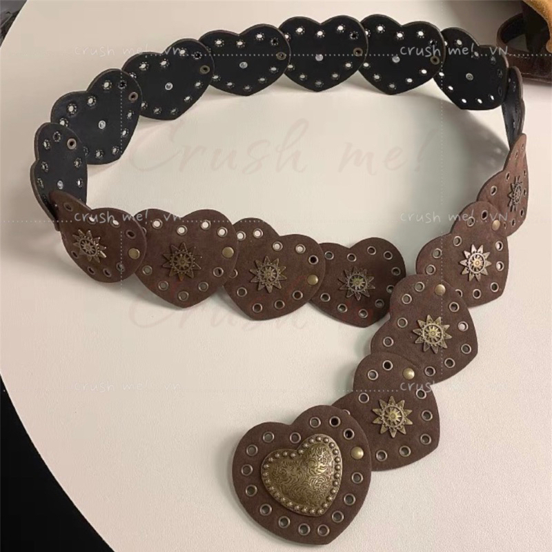 Crush me TL06 Thắt lưng da Pu trái tim nâu bò boho bohomian moroccan Âu mỹ thập niên 1980 Y2k Punk concho belt du mục