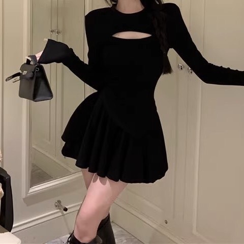 Set đầm váy dài tay vạt chéo khoét ngực + chân váy xoè hàng QC cao cấp  SP17