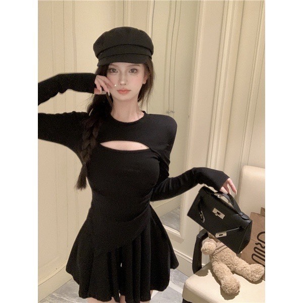 Set đầm váy dài tay vạt chéo khoét ngực + chân váy xoè hàng QC cao cấp  SP17