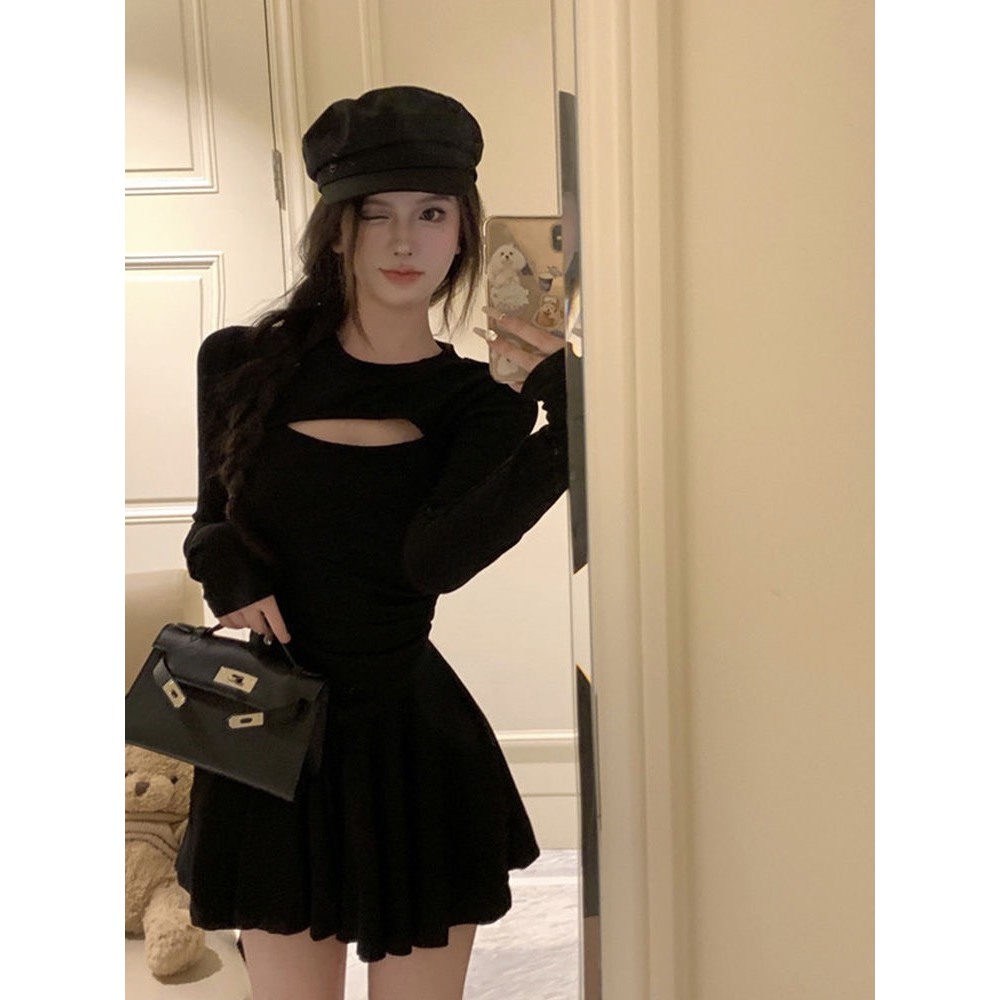 Set đầm váy dài tay vạt chéo khoét ngực + chân váy xoè hàng QC cao cấp  SP17