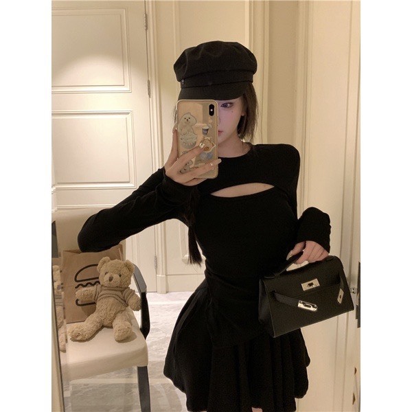 Set đầm váy dài tay vạt chéo khoét ngực + chân váy xoè hàng QC cao cấp  SP17