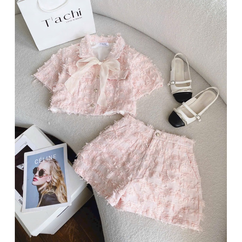 SET ÁO CROP DẠ HỒNG LÔNG VŨ THẮT NƠ VOAN - SHORT