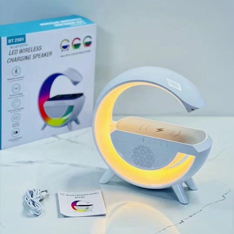 BT2301 Loa blutooth chữ G LED RGB nháy theo nhạc, sạc không dây 15w, decor phòng, bàn làm việc, bass ấm âm thanh cực phê