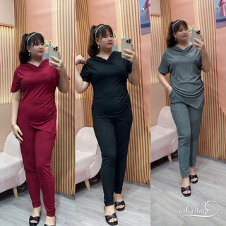 Sét bộ thun tăm áo nhúng  tà xéo quần ôm 9 tất Bigsize Nữ 60-95kg