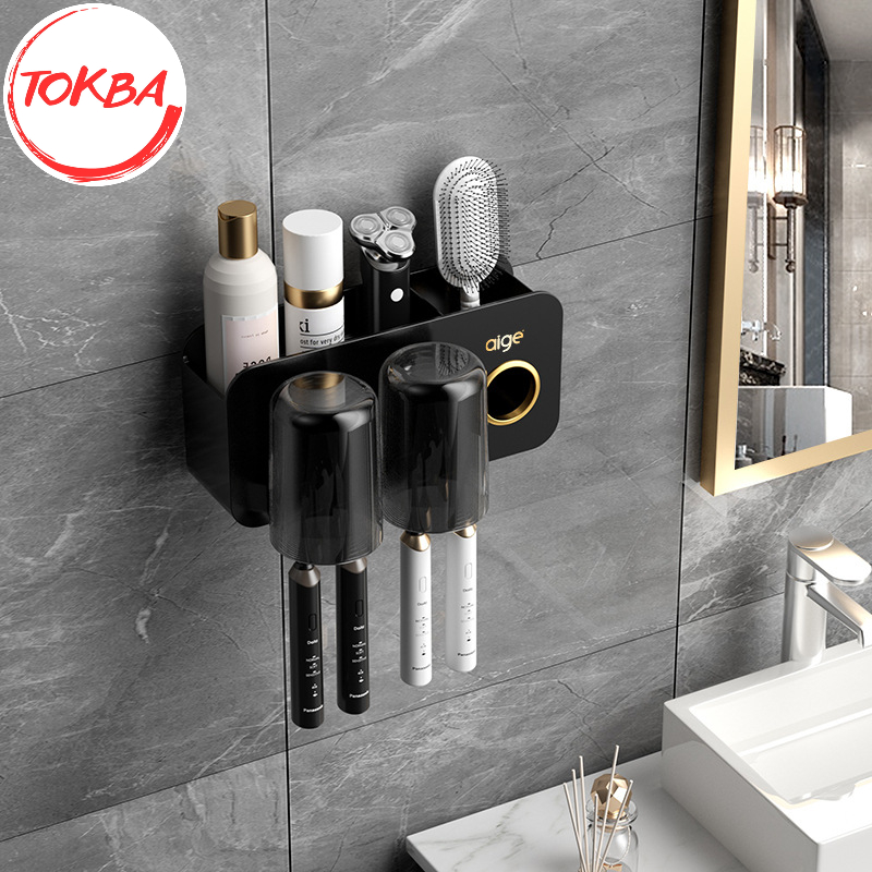 Bộ nhả kem đánh răng tự động có giá gắn cốc và đồ dùng treo dán tường nhà tắm nhà vệ sinh