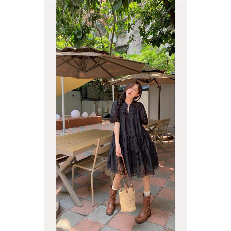 D67 Đầm váy ngắn babydoll đen tay lỡ phồng phối ren bồng bềnh công chúa phong cách Retro Vinatge Taobao 2023 mới