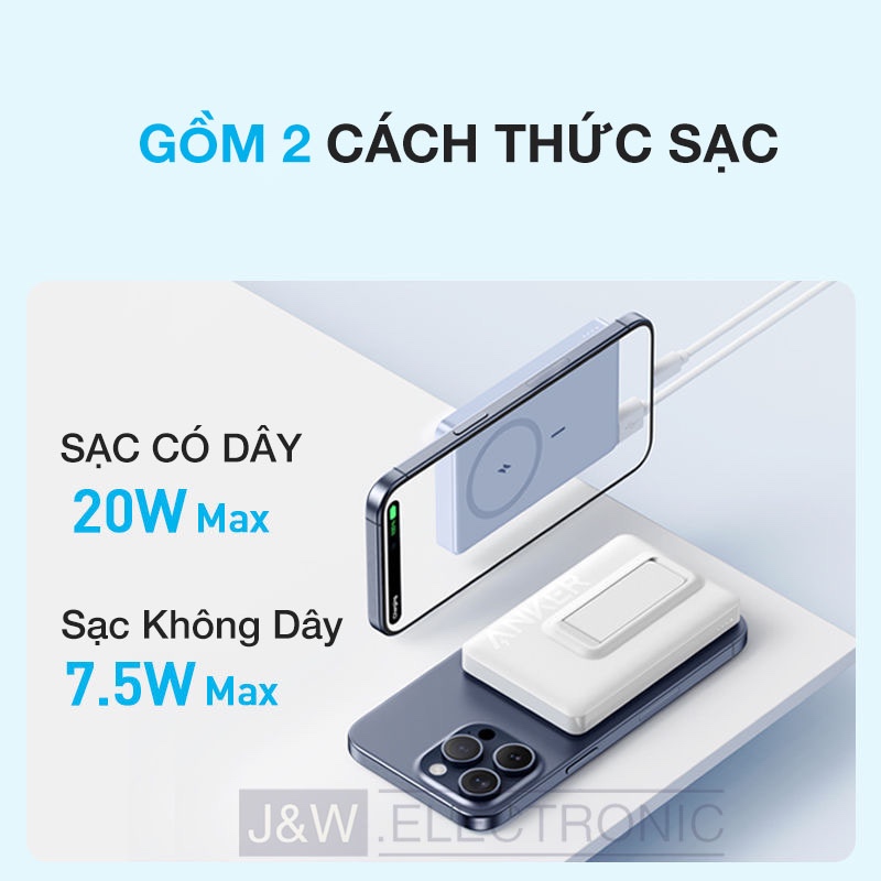 Sạc Dự Phòng Không Dây M Anker MagGo A1652 A1642 PD 20W 10000mAh,Cho 12/13/14/15 Series,Sạc K Dây 15W,Bảo Hành 18T