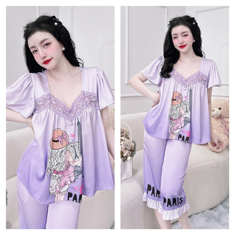 Bộ Ngủ Lụa Trúc My < 60kg, vải lụa Latin cao cấp cổ vuông viền ren cotton nút bọc, quần có túi