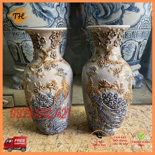 Đôi lộc bình men rạn đắp nổi Công Đào cao cấp Bát Tràng cao 35cm