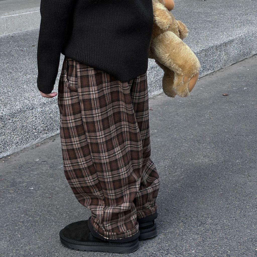 Quần nỉ bé trai lót lông caro nâu Q265 size 90-140, quần dài trẻ em thu đông cao cấp