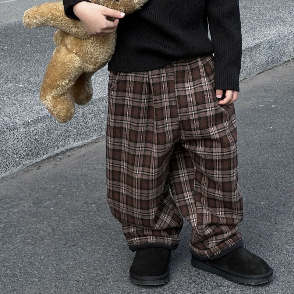 Quần nỉ bé trai lót lông caro nâu Q265 size 90-140, quần dài trẻ em thu đông cao cấp