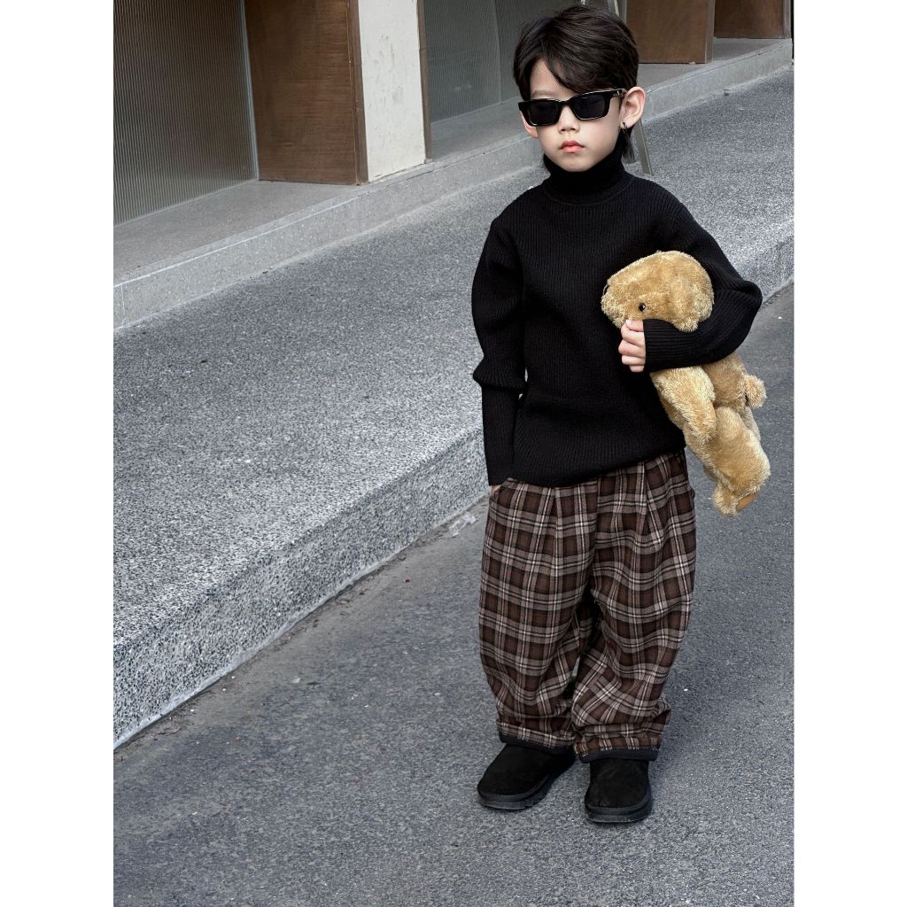 Quần nỉ bé trai lót lông caro nâu Q265 size 90-140, quần dài trẻ em thu đông cao cấp