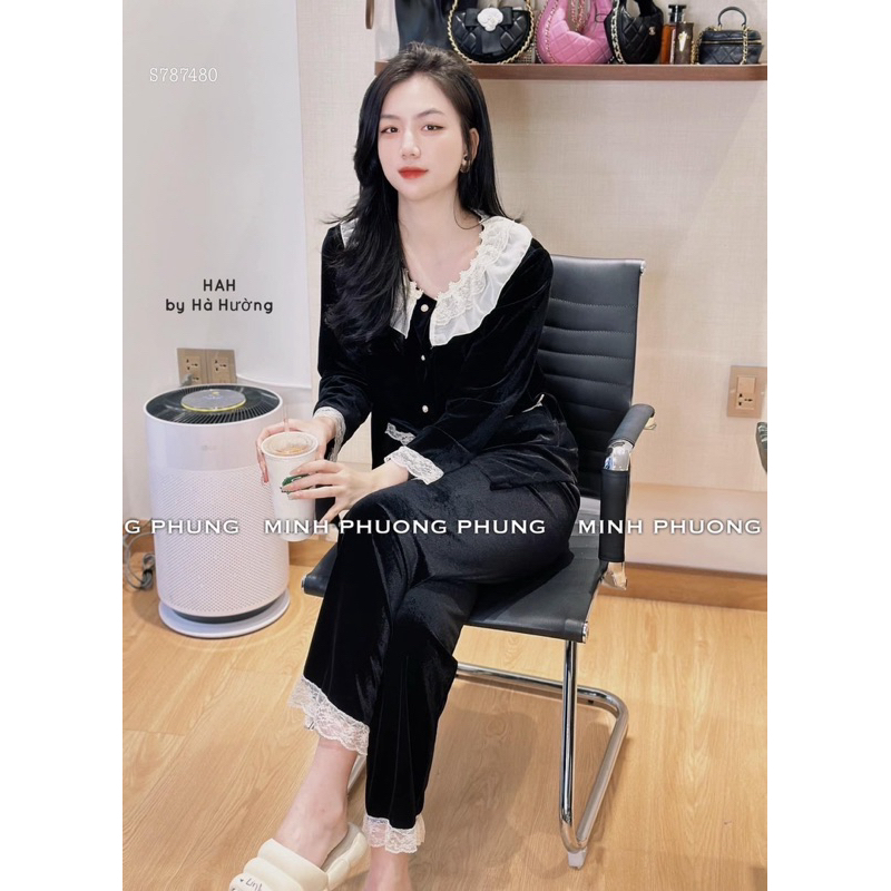 Set bộ nhung dài tay phối viền ren tiểu thư