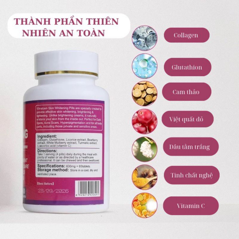 Viên Uống Trắng Da Skin Whitening Glutathione 8000mg - Giảm Nám Tàn Nhang, Da Sáng Bật Tông