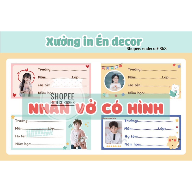 20 Nhãn vở in hình cá nhân và tên theo yêu cầu.