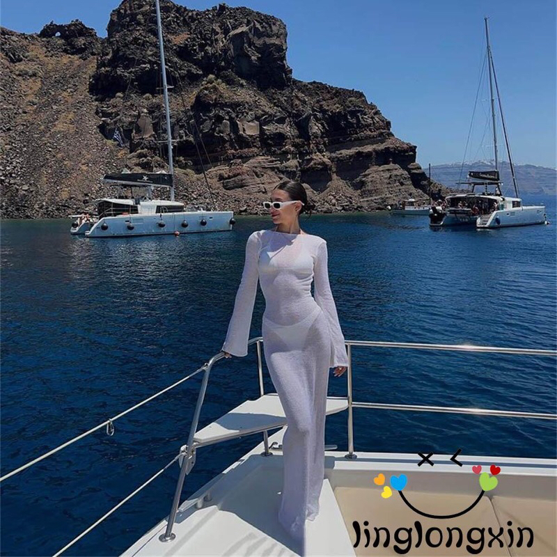 Đầm Dài Cổ Tròn Tay Dài Xuyên Thấu Màu Sắc Thời Trang Đi Biển Cho Nữ size S