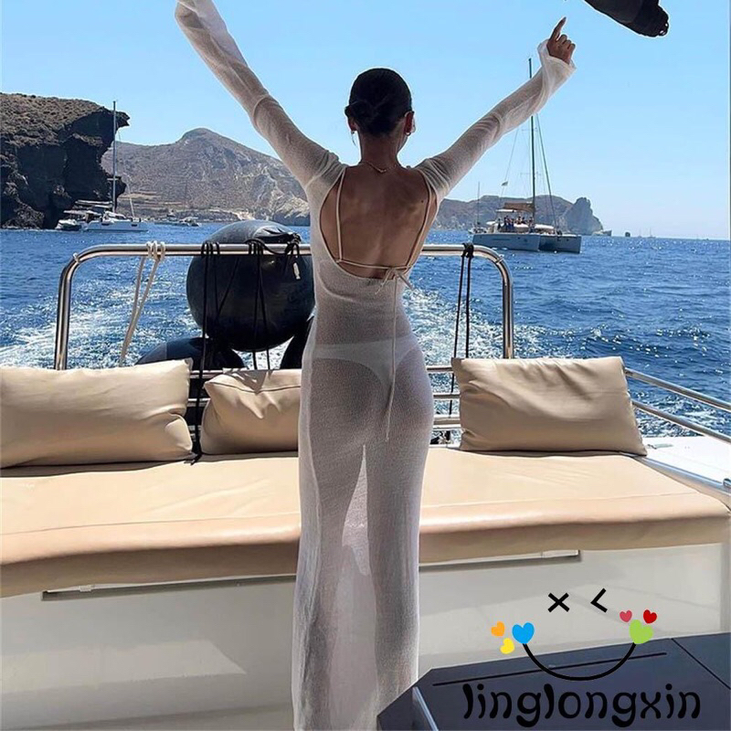 Đầm Dài Cổ Tròn Tay Dài Xuyên Thấu Màu Sắc Thời Trang Đi Biển Cho Nữ size S