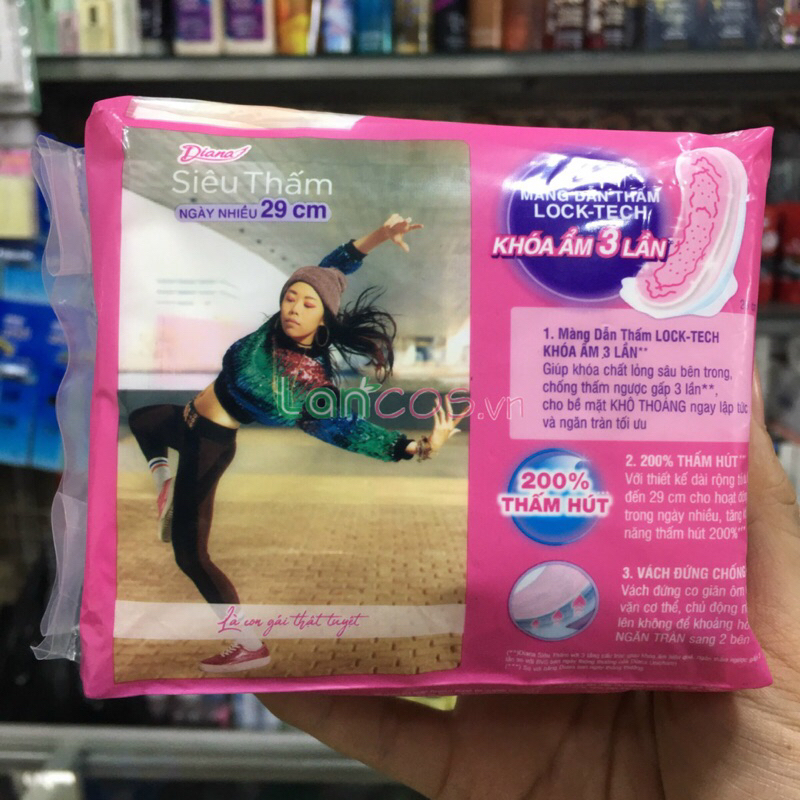 Băng vệ sinh Diana siêu thấm - siêu mỏng dùng cho ngày nhiều - có cánh 6 miếng 29cm