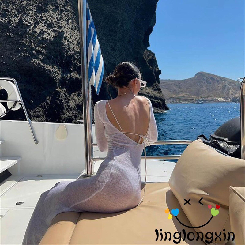 Đầm Dài Cổ Tròn Tay Dài Xuyên Thấu Màu Sắc Thời Trang Đi Biển Cho Nữ size S