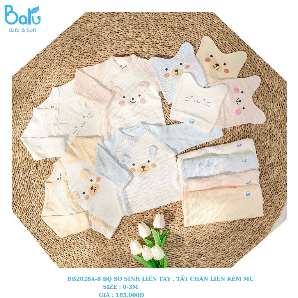 Bộ sơ sinh liền tay, liền tất chất sợi tre mềm mịn, thoáng khí cho bé 0-3 tháng, TẶNG KÈM MŨ