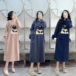 Đầm thu đông, váy suông dài tay in chữ cừu dáng dài xẻ chân chất da cá PE dày dặn cổ tròn thời trang hàn quốc