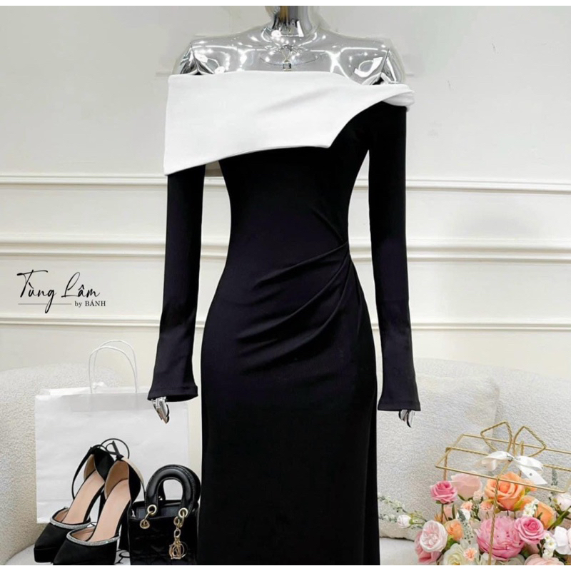 Siêu phẩm đầm body trễ vai vạt chéo phối màu đỏ đen, 2 lớp vải co giãn kèm video thật cực sang chảnh đi noel a01