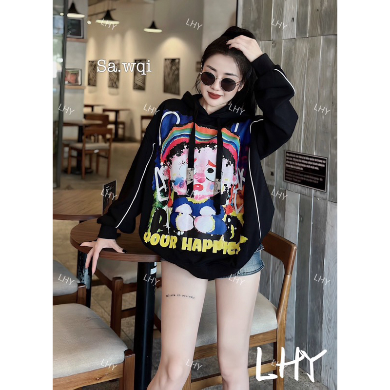 HOODIE NỈ TÀU MŨ HÌNH HAPPIESE - HÀNG QC CAO CẤP