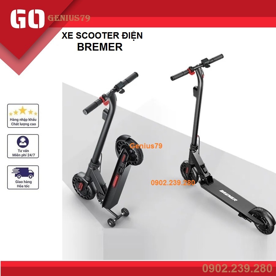 Xe điện scooter BREMER gấp gọn, bản 15km và 20km, bánh tổ ong độc quyền, pin Lithium bền bỉ, phanh điện tử - BH 12 tháng