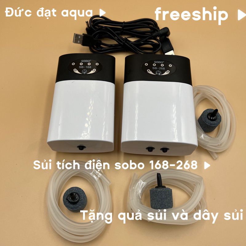 Máy Sủi Oxi Tích Điện 1 vòi 2 vòi Sobo SB-168 SB-268 Cho Hồ Cá tặng kèm dây và quả sủi