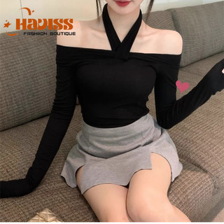 Áo thun dài tay tiểu thư Haviss thiết kế kiểu trễ vai tay dài cách điệu dây choàng cổ chất thun nỉ co dãn
