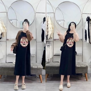 Đầm thu đông, váy suông dài tay phối màu tay in gấu PIT PAT dáng rộng cổ tròn thời trang hàn quốc