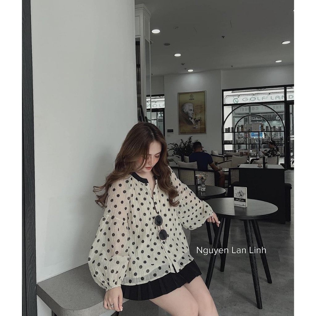 Áo Chấm Bi Đũi Tơ Tay Bồng 2 Lớp Cúc Dọc Áo Babydoll Cổ Tàu Phối Viền Đen Freesize
