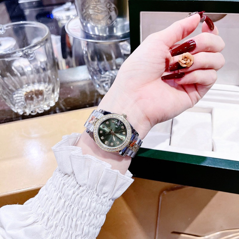 Đồng hồ Rol.exx Nữ Cao Cấp Máy  Pin Mặt Siz 31mm Dây Kim Loại Thép Không Gỉ Demi Gold mặt xanh
