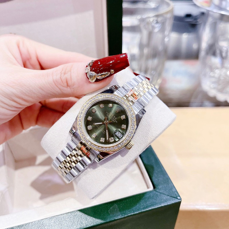 Đồng hồ Rol.exx Nữ Cao Cấp Máy  Pin Mặt Siz 31mm Dây Kim Loại Thép Không Gỉ Demi Gold mặt xanh