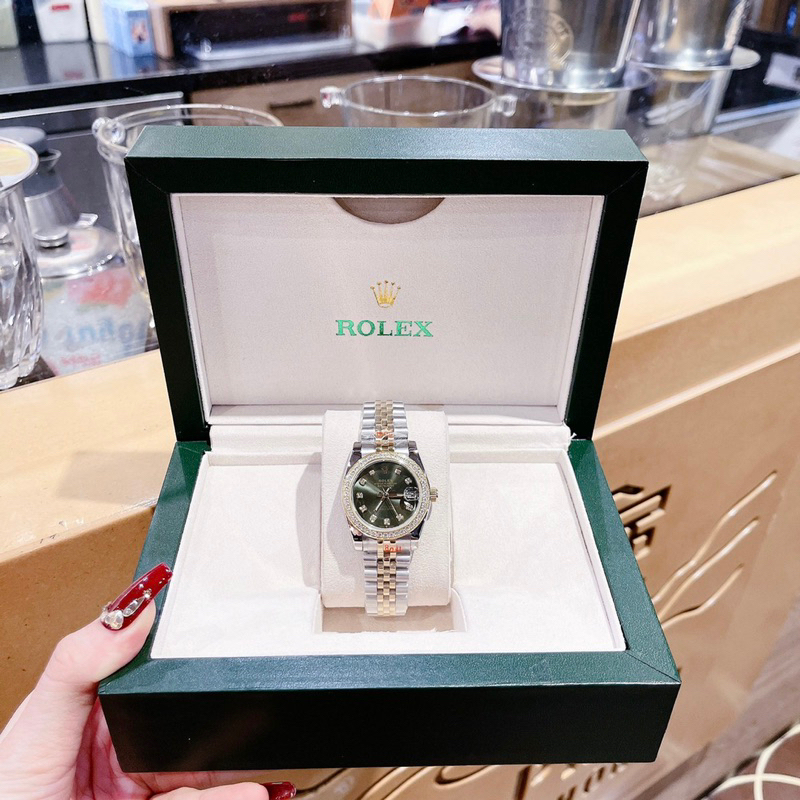 Đồng hồ Rol.exx Nữ Cao Cấp Máy  Pin Mặt Siz 31mm Dây Kim Loại Thép Không Gỉ Demi Gold mặt xanh