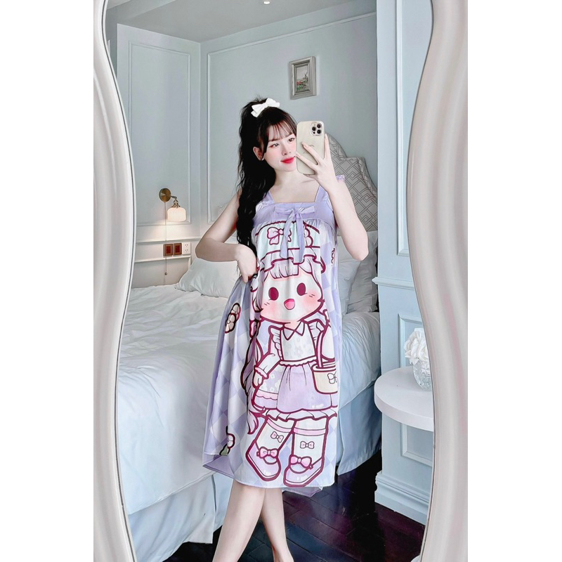 Đầm váy ngủ mặc nhà LỤA XƯỚC / LATIN 2 dây CÁNH TIÊN  dễ thương phom rộng